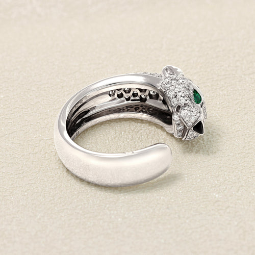 Bague 54 Cartier Panthère - Bague en or gris, émeraudes et diamants 58 Facettes 61E00495