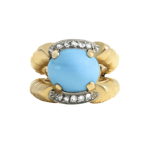 Bague 1950 en or jaune, pierre bleue et diamants