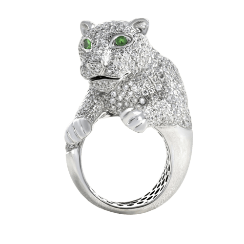 Bague lionceau en or blanc, diamants et émeraudes