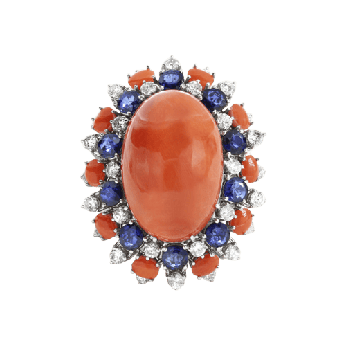 Bague 55 Bague en or gris, corail, saphir et diamants 58 Facettes 61E00408