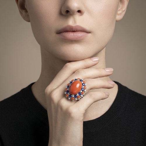 Bague 55 Bague - Corail, saphir et diamants en or gris 750 58 Facettes 61E00408