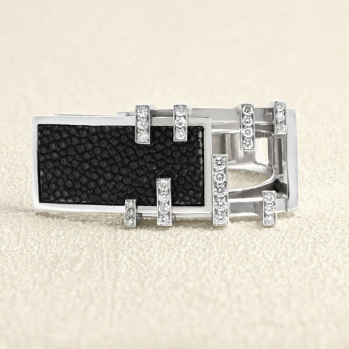 Bague 53 Tom Gerard - Bague en or gris 18 carats, galuchat et diamants 58 Facettes 61E00220