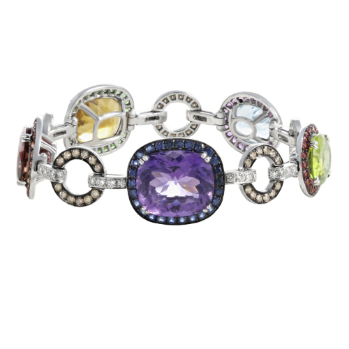 Bracelet articulé en or gris, diamants, améthystes, citrines et péridots