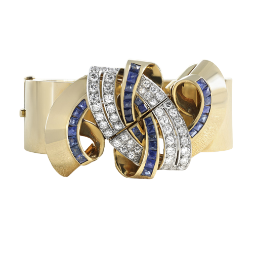 Bracelet rigide en or jaune, diamants et saphirs