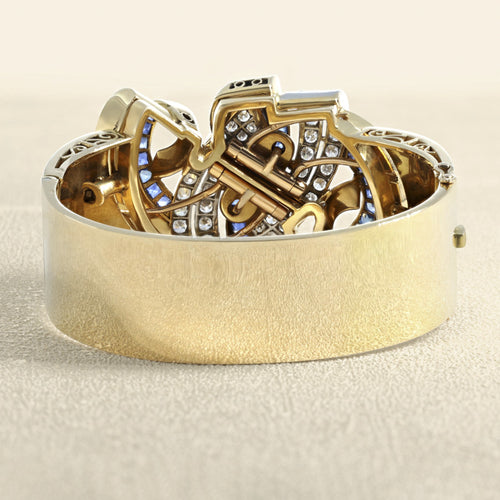Boucles d'oreilles Bracelet jonc rigide à clip en or jaune 18 carats, diamants et saphirs 58 Facettes 62800064