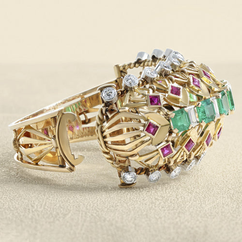 Bracelet Bracelet rétro 1940 en or jaune 18 carats, émeraudes, diamants et rubis 58 Facettes 62800060
