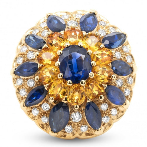 Bague 57 Bague florale en or jaune, saphirs bleus et jaunes, diamants 58 Facettes 61100121