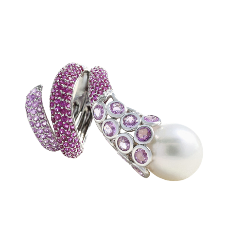 Bague en or gris avec perle et saphirs roses