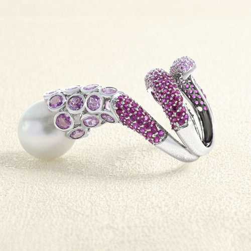 Bague 52 Bague en or gris 750 avec perle de culture et saphirs roses 58 Facettes 61400022