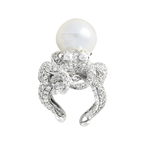 Bague pieuvre en or blanc, perle et diamants