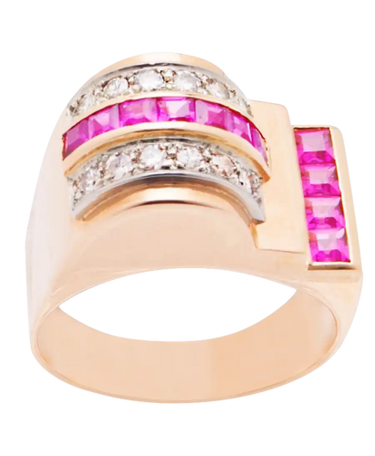 Bague 59 Tank circa 1940 - Bague Tank en or rose 18 ct, diamants et rubis 58 Facettes BO220306/TANKCIRCA1960