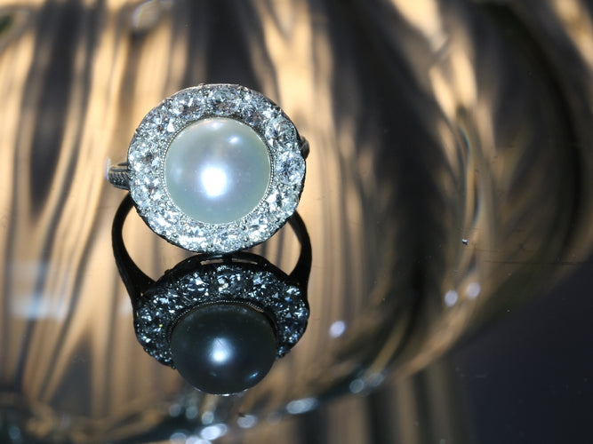Bague 51 Bague de fiançailles Art déco en platine avec perle et diamants 58 Facettes 16046-0020