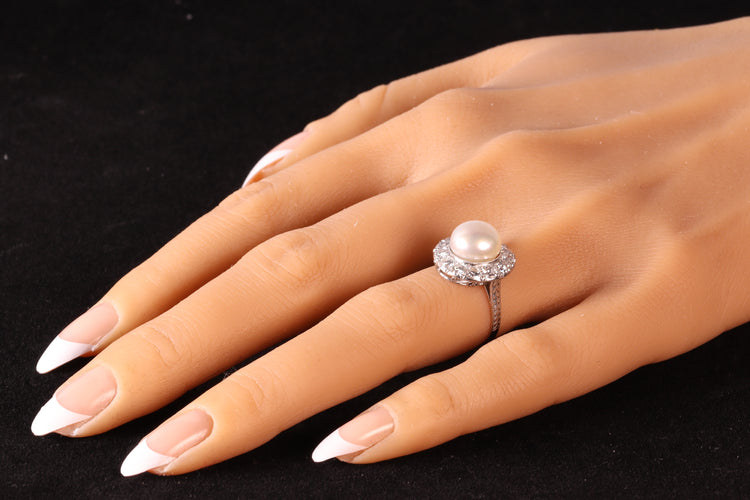 Bague 51 Bague de fiançailles Art déco en platine avec perle et diamants 58 Facettes 16046-0020