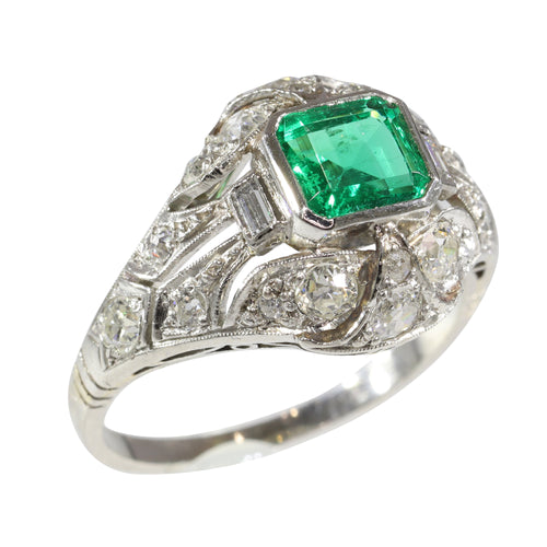 Bague 59 Bague de fiançailles vintage 1920 en platine, émeraude colombienne et diamants 58 Facettes 16144-0061