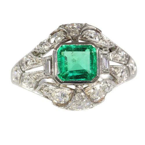 Bague 59 Bague de fiançailles vintage 1920 en platine, émeraude colombienne et diamants 58 Facettes 16144-0061
