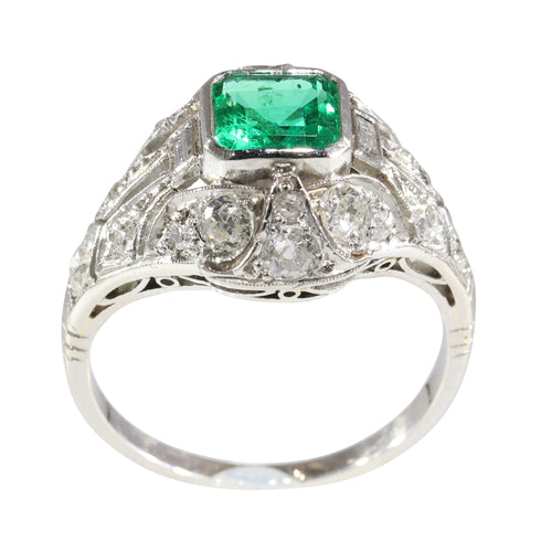 Bague 59 Bague de fiançailles vintage 1920 en platine, émeraude colombienne et diamants 58 Facettes 16144-0061