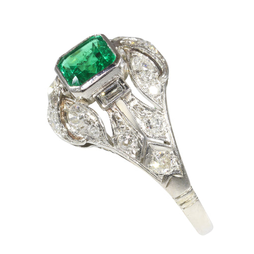 Bague 59 Bague de fiançailles vintage 1920 en platine, émeraude colombienne et diamants 58 Facettes 16144-0061