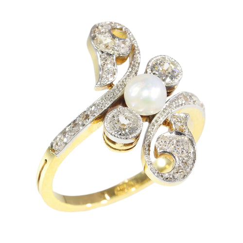 Bague 56 Belle Époque - Bague de fiançailles en or 18K bicolore, diamants et perle 58 Facettes 18054-0231