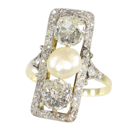 Bague 56 Belle Époque/Art déco - Bague de fiançailles en or jaune 18K, platine, diamants et perle 58 Facettes 19225-0098