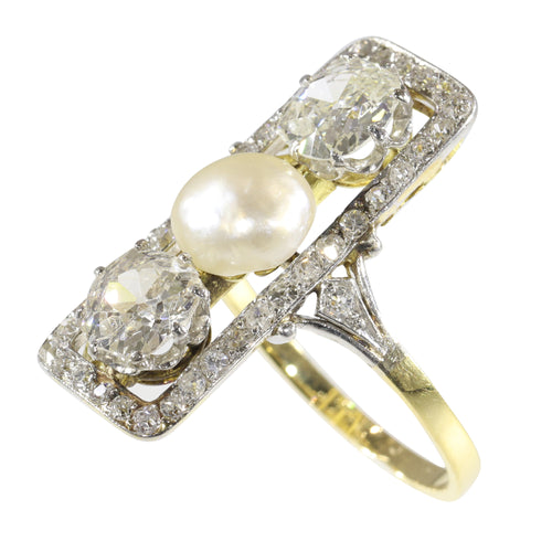 Bague 56 Belle Époque/Art déco - Bague de fiançailles en or jaune 18K, platine, diamants et perle 58 Facettes 19225-0098