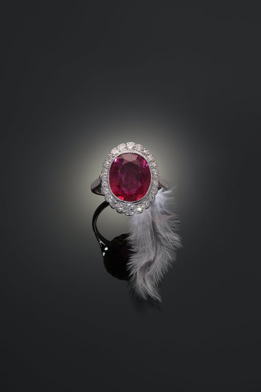 Bague 61 Bague de fiançailles vintage en or 18K bicolore, rubellite 7,09 ct et diamants 58 Facettes 21081-0285