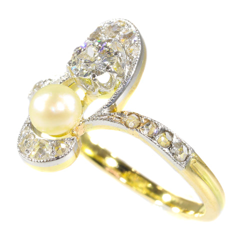 Bague 52 Bague de fiançailles Art nouveau en or 18K, diamants et perle 58 Facettes 21285-0669