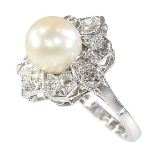 Bague 50 Bague Art déco belge en platine avec diamants et perle de culture 58 Facettes 22132-0317
