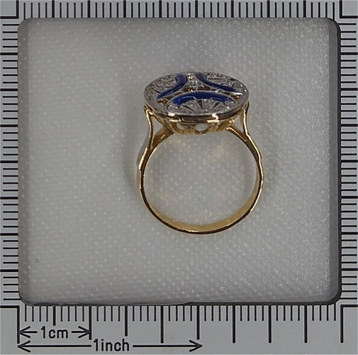 Bague 50 Bague Art déco vintage en or jaune 18K, diamants et émail bleu 58 Facettes 22236-0281