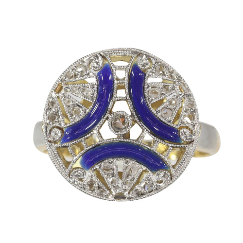 Bague 50 Bague Art déco vintage en or jaune 18K, diamants et émail bleu 58 Facettes 22236-0281