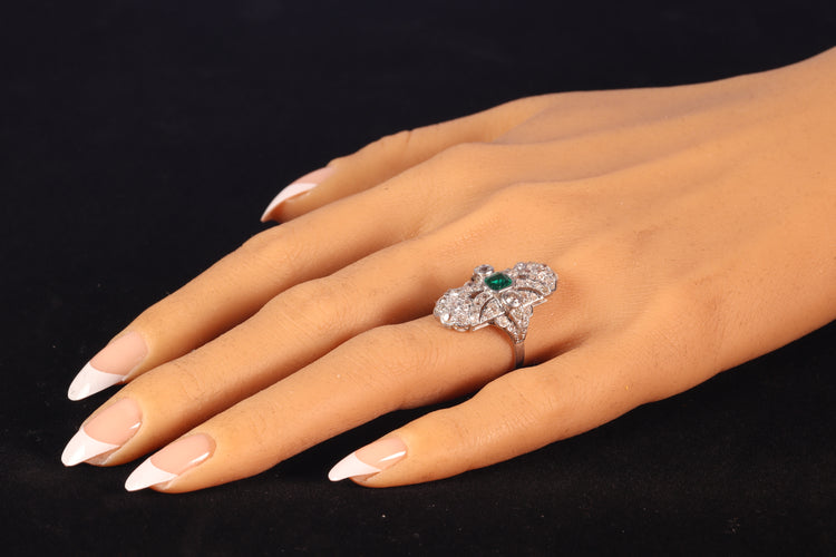 Bague 54 Bague Art déco de fiançailles en platine, diamants et émeraude 58 Facettes 22151-0121