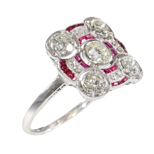Bague 54 Art déco - Bague en platine avec diamants et rubis 58 Facettes 24289-0203