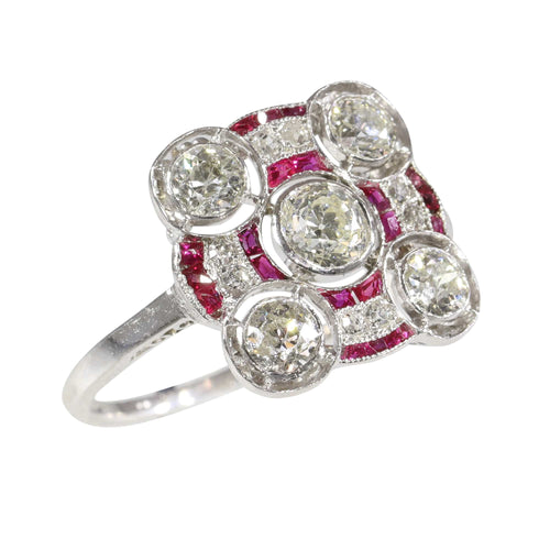 Bague 54 Art déco - Bague en platine avec diamants et rubis 58 Facettes 24289-0203