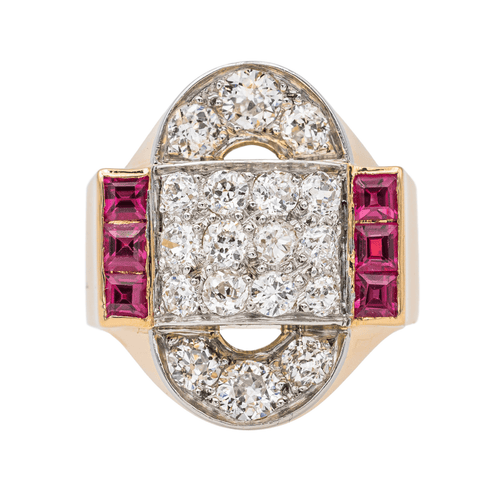 Bague 52 Bague Tank en or jaune, platine, diamants et rubis 58 Facettes 3675695CN