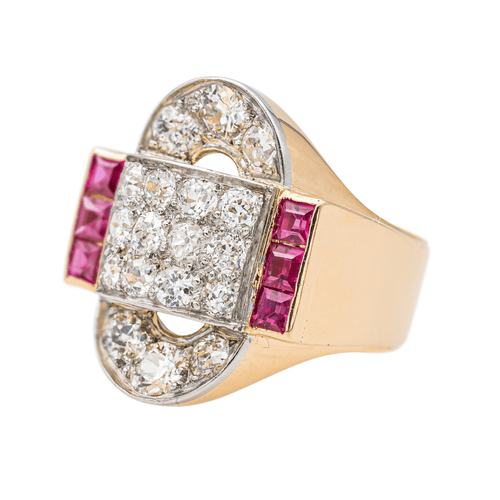 Bague 52 Bague Tank en or jaune, platine, diamants et rubis 58 Facettes 3675695CN