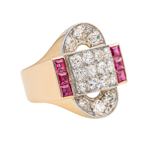 Bague 52 Bague Tank en or jaune, platine, diamants et rubis 58 Facettes 3675695CN