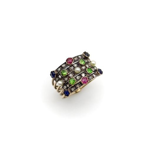 Bague Bague harem édouardienne en or 14K avec diamants, rubis, saphirs, grenats et perles 58 Facettes