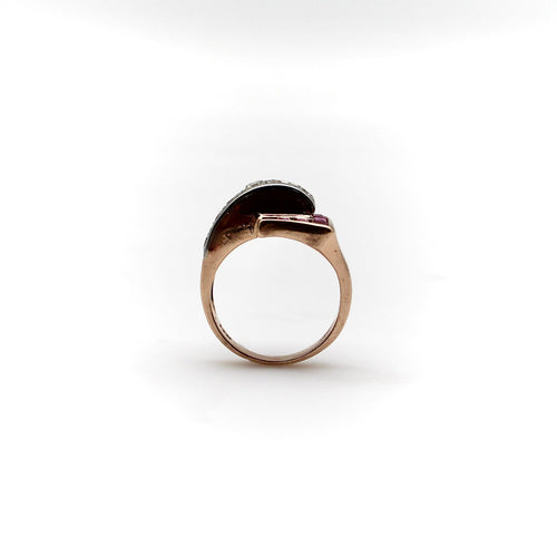 Bague Bague boucle rétro en or rose 14K avec diamants et rubis 58 Facettes