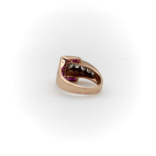 Bague Bague boucle rétro en or rose 14K avec diamants et rubis 58 Facettes