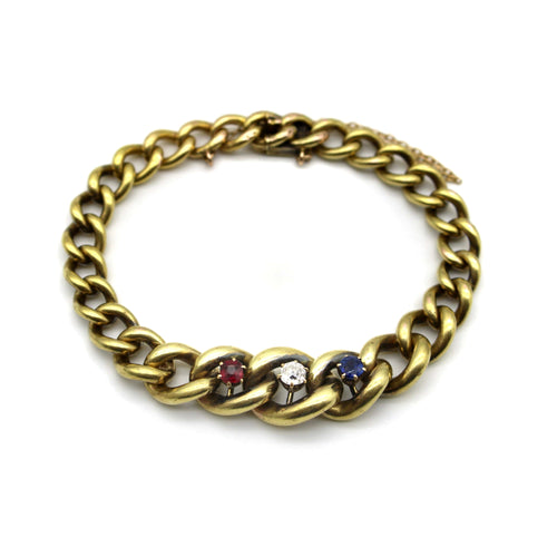 Bracelet Bracelet édouardien à mailles gourmette graduées en or 14K avec diamants, rubis et saphir 58 Facettes