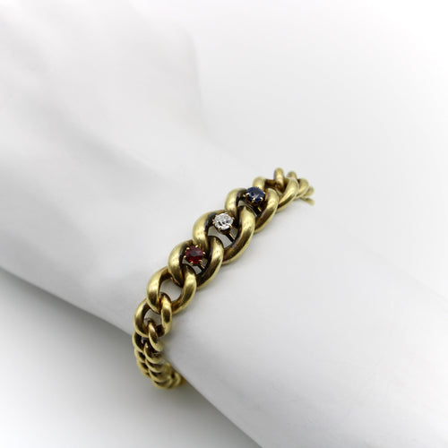 Bracelet Bracelet édouardien à mailles gourmette graduées en or 14K avec diamants, rubis et saphir 58 Facettes
