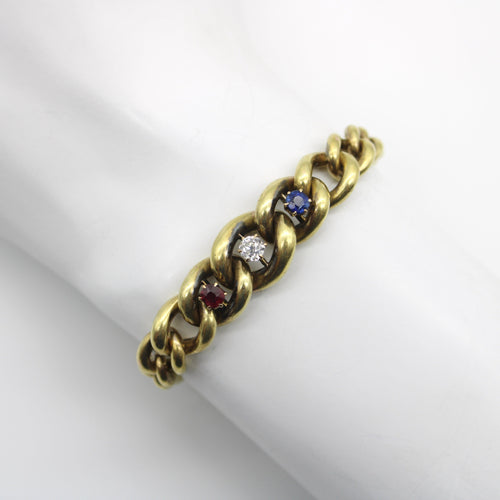 Bracelet Bracelet édouardien à mailles gourmette graduées en or 14K avec diamants, rubis et saphir 58 Facettes