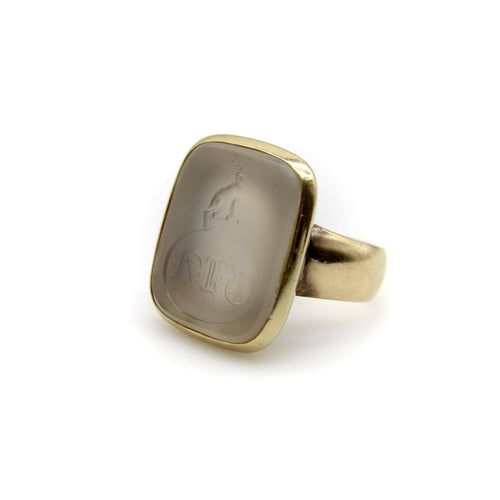 Bague Époque victorienne - Bague chevalière intaille blason cerf en or 14K et quartz 58 Facettes A2001E