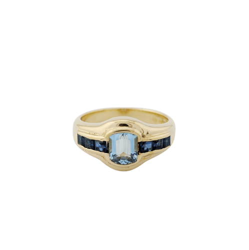 Bague 54 Bague en or jaune 18 carats avec aigue-marine et saphirs 58 Facettes 33702