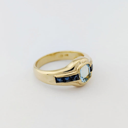 Bague 54 Bague en or jaune 18 carats avec aigue-marine et saphirs 58 Facettes 33702