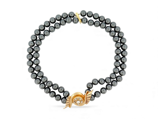 Collier Collier double rangs perles d'hématite noires en or jaune 18k et diamants 0,67 ct 58 Facettes 272071