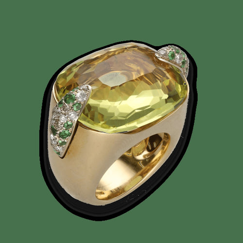 Bague 51 Pomellato Pin Up - Bague en or jaune 18 carats, quartz jaune, diamants et tsavorites 58 Facettes FB11038