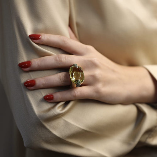 Bague 51 Pomellato Pin Up - Bague en or jaune 18 carats, quartz jaune, diamants et tsavorites 58 Facettes FB11038