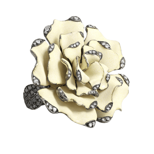 Bague 55 Lydia Courteille - Bague Fleur de Camélia en or noir et diamants noirs 58 Facettes 61E00229