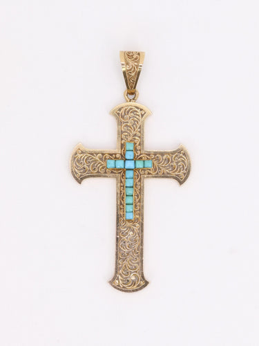 Pendentif Art Nouveau - Pendentif croix en or jaune 18 carats et turquoises 58 Facettes 1190.6