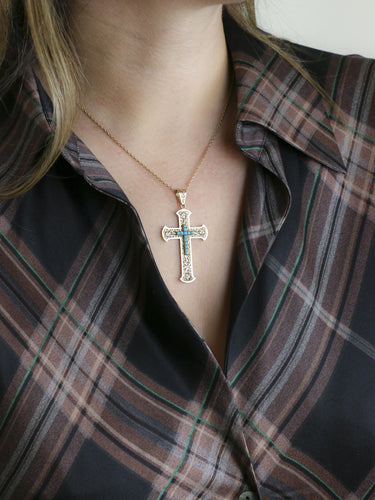 Pendentif Art Nouveau - Pendentif croix en or jaune 18 carats et turquoises 58 Facettes 1190.6